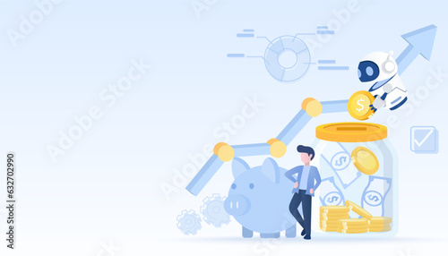 Business and artificial intelligence (AI) technology concept. Saving money, accumulate to start up business. Manage and collect money to achieve business successful. Flat vector design illustration.