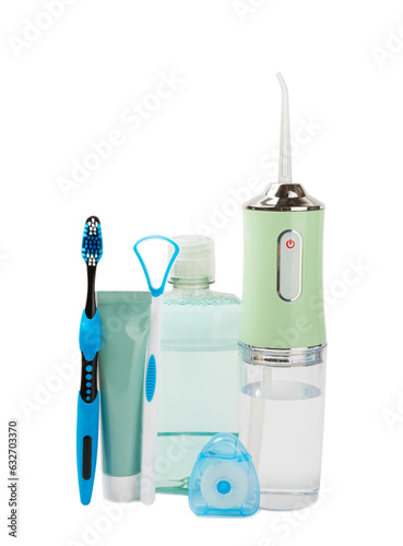 Electronic oral irrigator, toothbrush, paste, dental floss and mouthwash isolated on white background. Dental tool for oral hygiene. Electric Interdental Cleaner. Dental water shower. Oral care concep