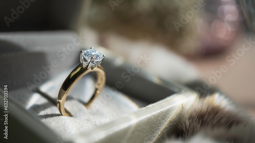 Diamond ring with sunlight. Love, valentine, relationship and wedding concept.