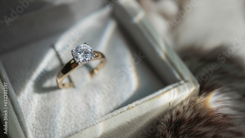 Close up of diamond ring with sunlight and shadow background. Love, valentine, relationship and wedding concept. Soft and selective focus.