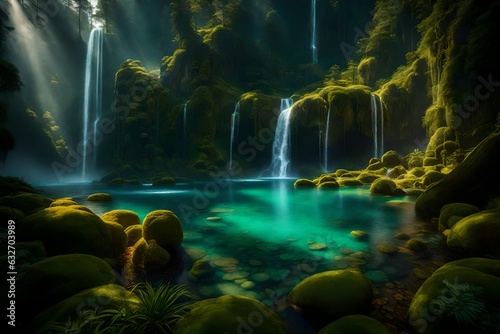 Beyond the door a breathtaking world of floating islands, cascading waterfalls, and enchanted forests illuminated by the soft glow of magical flora - AI Generative