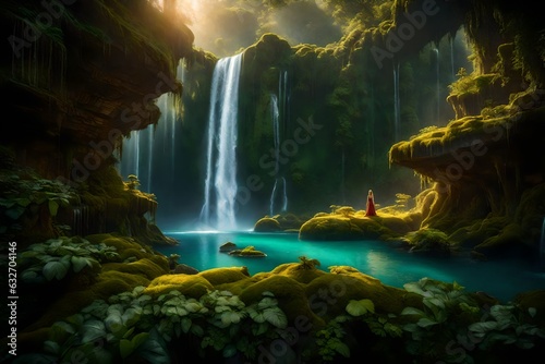 Beyond the door a breathtaking world of floating islands  cascading waterfalls  and enchanted forests illuminated by the soft glow of magical flora - AI Generative