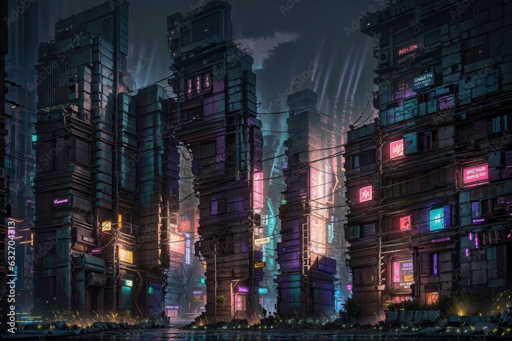 Fototapeta premium Cyberpunk City concept art Night city moment with neon light,gloomy buildings