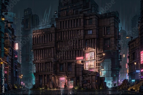 Cyberpunk City concept art Night city moment with neon light,gloomy buildings