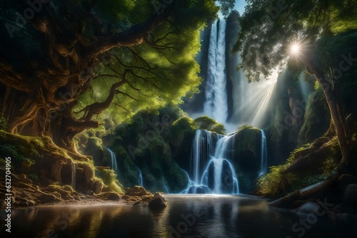 big tree, waterfall, universe, fairyland, sparkling, sharp, detailed, panoramic - AI Generative © Being Imaginative