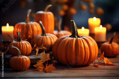 Orange pumpkins with candles on wooden table. Holiday autumn festival. Thanksgiving and harvest concept