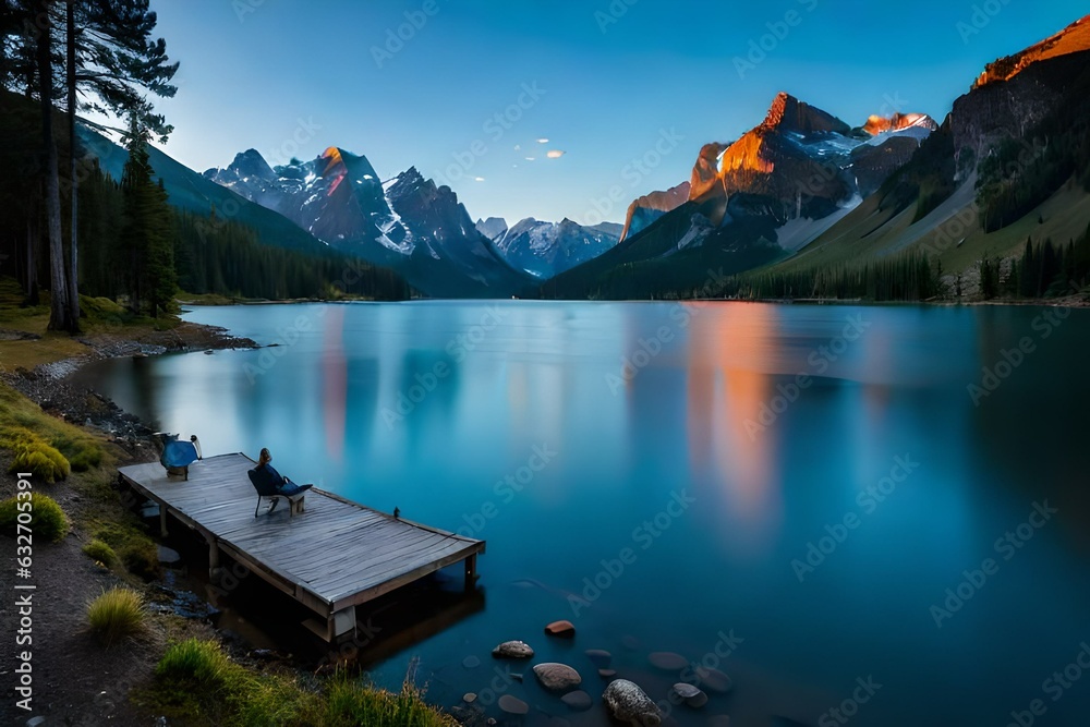 lake in mountains, Crisp air surrounds a picturesque lake encircled by imposing mountains, their peaks brushing the heavens