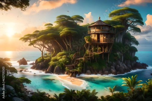 breathtaking landscape portrait of a lush magical fantasy beach with a Treehouse on a Cliff - AI Generative