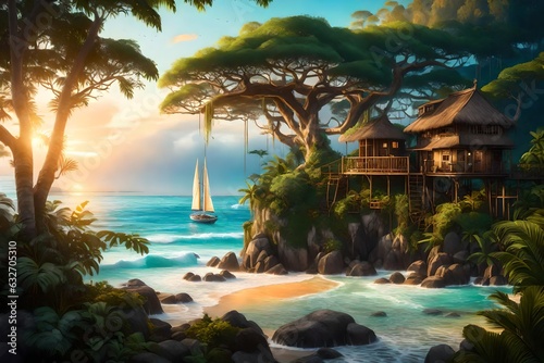 breathtaking landscape portrait of a lush magical fantasy beach with a Treehouse on a Cliff - AI Generative © Being Imaginative