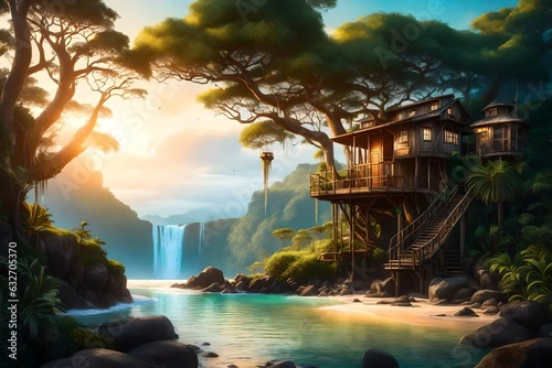 breathtaking landscape portrait of a lush magical fantasy beach with a Treehouse on a Cliff - AI Generative