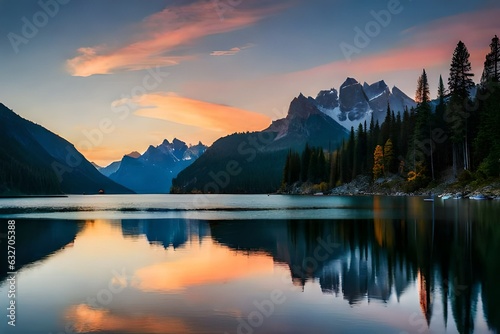 sunset over lake  Crisp air surrounds a picturesque lake encircled by imposing mountains  their peaks brushing the heavens