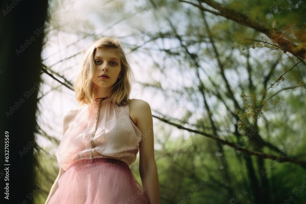 Naklejka premium Vintage portrait of a fictional woman model standing under a tree. Generative AI illustration.