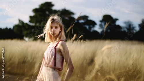 Vintage portrait of a fictional blonde woman model standing in a field. Generative AI illustration. 