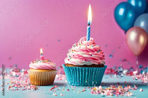 Birthday cupcake on solid background with candle ai illustration