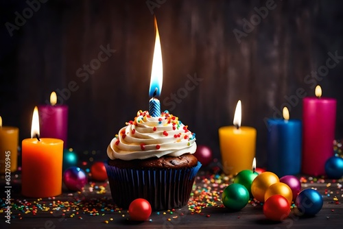 Birthday cupcake with candle ai illustration