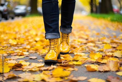Female legs in yellow boots and jeans on the background of autumn leaves.
