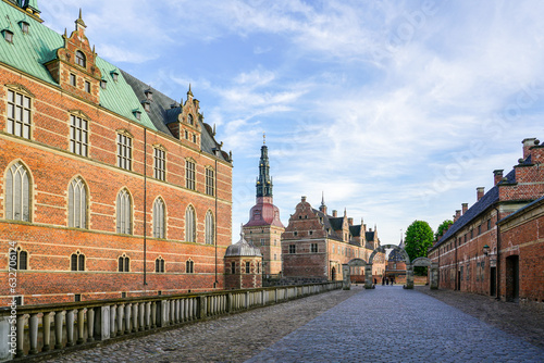 External view of renaissance Frederiksborg castle  palace in Hillerod  Denmark  street to entrance