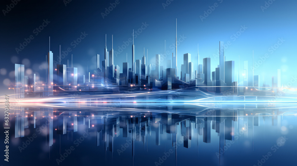 Glossy translucent 3D city landscape, chart, graph. Analytics render high tech abstract wallpaper. Blue accents, light