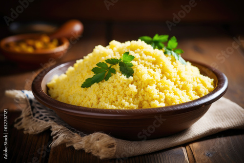 Corn porridge couscous in a rustic wooden bowl photo