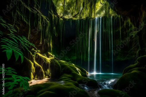 Sunlight filters through the lush canopy of an ancient rainforest, casting intricate patterns on the moss-covered cave walls and crystal-clear water below - AI Generative © Being Imaginative
