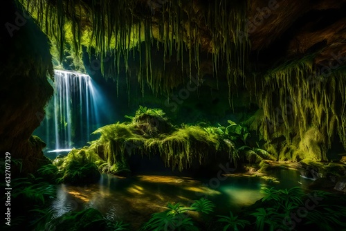 Sunlight filters through the lush canopy of an ancient rainforest  casting intricate patterns on the moss-covered cave walls and crystal-clear water below - AI Generative