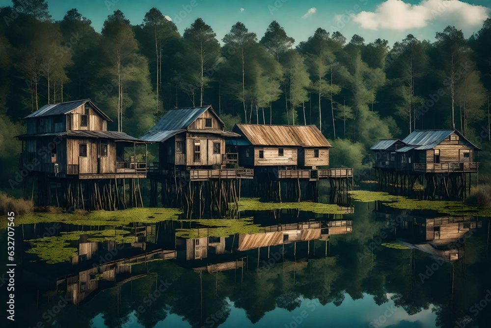 Swamp houses on stilts, above the lake - AI Generative