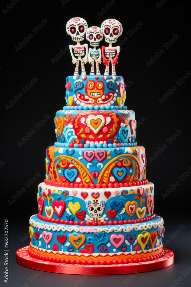 Day of the Dead cake dessert, sugar skull, gourmet food, tiered cake, vertical