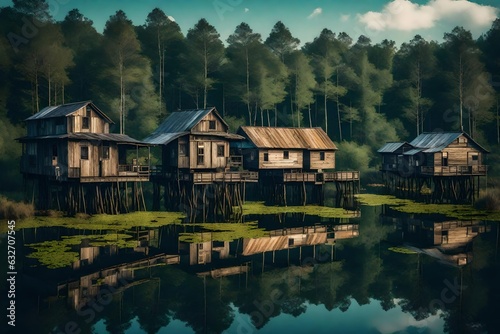 Swamp houses on stilts, above the lake - AI Generative © Being Imaginative