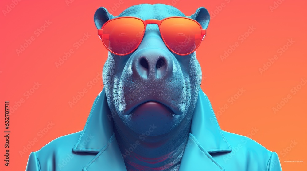Anthropomorphic hippo dressed in a leather jacket or coat. Illustration of a serious and elegant hippopotamus. Portrait man with an animal face. Human characters through animals. Creative idea.