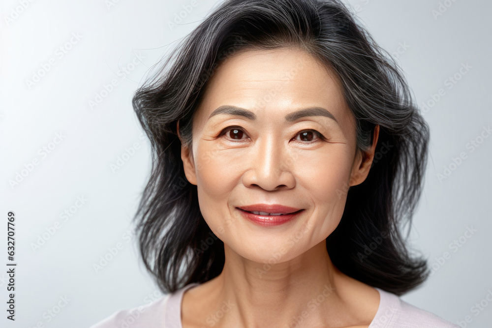 Asian beautiful gorgeous 50s mid aged mature woman looking at camera isolated on white. Mature old lady close up portrait. Healthy face skin care beauty. Generative Ai Asian beautiful gorgeous 50s mid aged mature woman looking at camera isolated on white. Mature old lady close up portrait. Healthy face skin care beauty. Generative Ai
