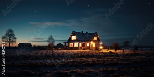 A house in the middle of a snowy field at night. AI.