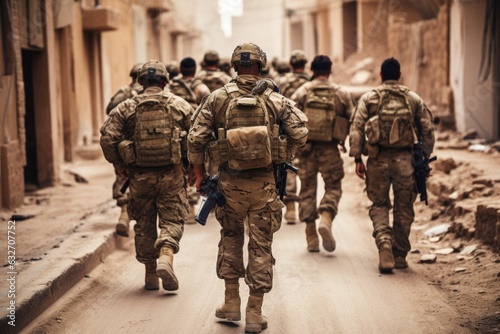 A group of soldiers walking down a street. AI.