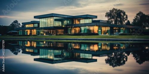 A large building with a reflection in the water. AI.