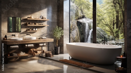 A bathtub in a bathroom with a waterfall in the background. AI.