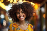 Beautiful african american girl with an afro hairstyle smiling. Generative Ai