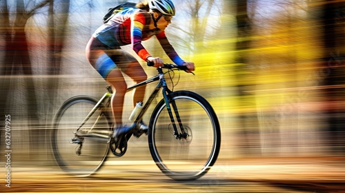 A cyclist competing in a professional race or triathlon game. Blurred motion bicycle race. Cyclist pedaling on a racing bike outdoor. Illustration for banner, poster, cover, brochure or presentation. photo