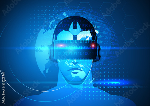 Illustration of a man in virtual reality goggles against a futuristic backdrop, explore the boundless possibilities of technology and imagination that speaks of innovation and tomorrow's promises