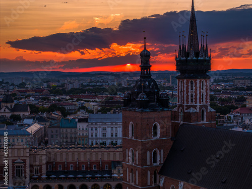 Mary's Church towers at sunset. Cracow, Poland.