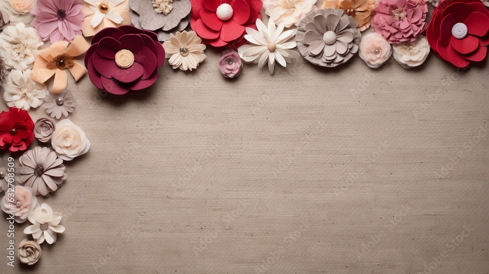 Horizontal background with handmade felt flowers and cardboard tag on canvas texture, with copy space. Horizontal background with handmade felt flowers and cardboard tag on canvas texture, with copy space.