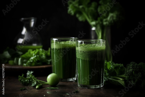 A healthy green juice with kale, cucumber, and celery, Drinks, bokeh 