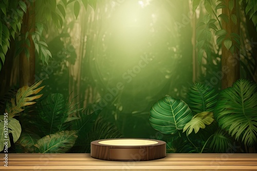 A tropical forest setting with a green background and a wooden stand for displaying your goods. Generative AI