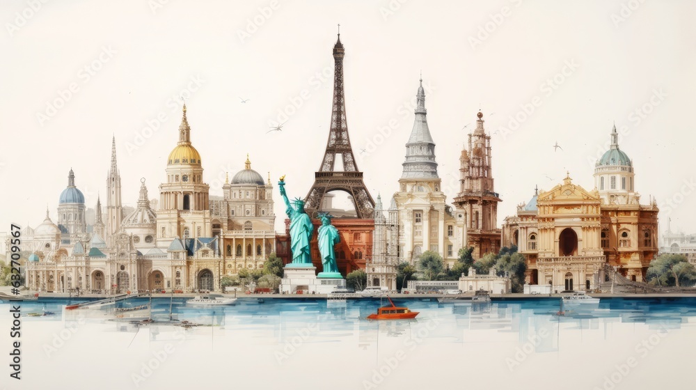 Realistic drawing of the most important landmarks of all countries on earth 16:9 copy space