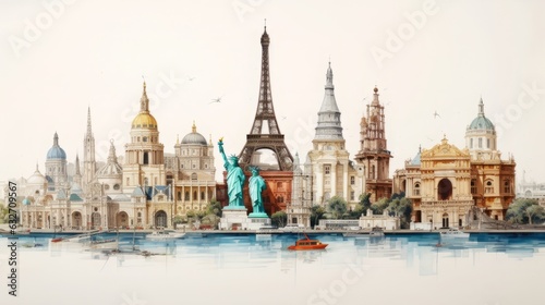 Realistic drawing of the most important landmarks of all countries on earth 16:9 copy space