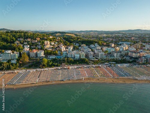 Italy, August 2023 - aerial view of Gabicce Mare and the Romagna coast with Cattolica,  Misano, Riccione and Rimini photo