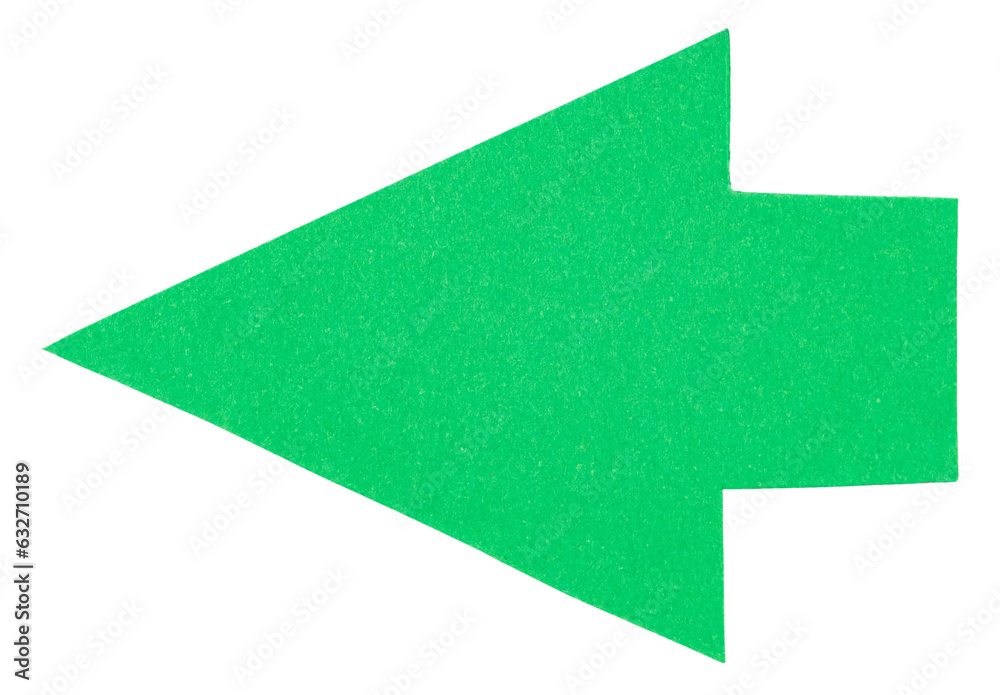 Fototapeta premium Green paper cardboard arrow symbol or left direction sign isolated on white or transparent background with copy space for text