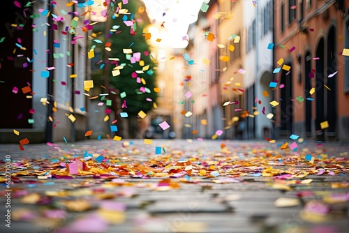 Celebratory Street Scene: Colorful Confetti Delight Generative AI