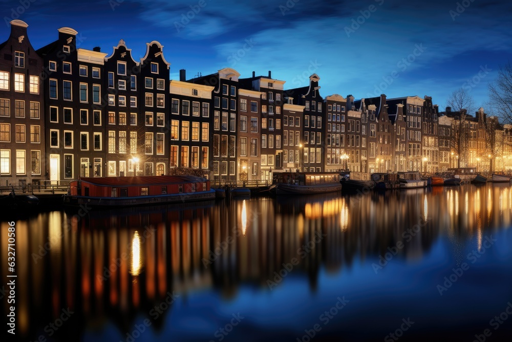 Tranquil Night Scene in a European City: Amsterdam's Serene Canal Generative AI