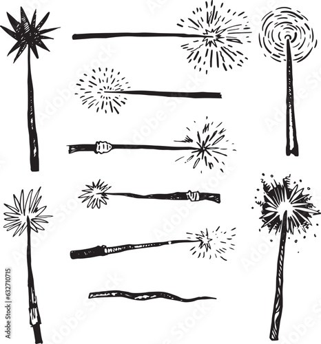 Magic wand line drawing witch theme halloween clipart party invitation flyer gothic style illustration packaging design idea print. Wooden wand accessory sorcerers. Bengal fire new year ink graphic