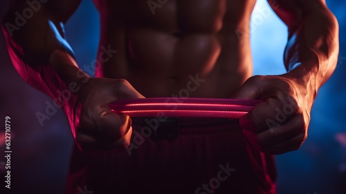 Fitness trainer's hands stretching a resistance band