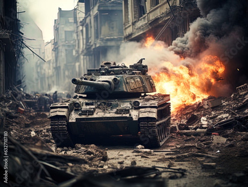 Modern war tank advancing through a street littered with rubble, debris and destruction. generative AI